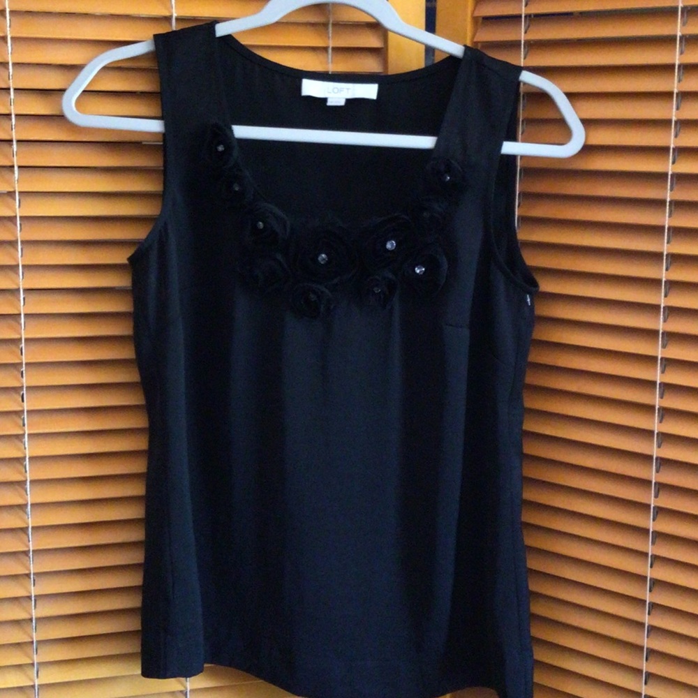 LOFT Black Sleeveless Camisole with Floral Rosette Trim